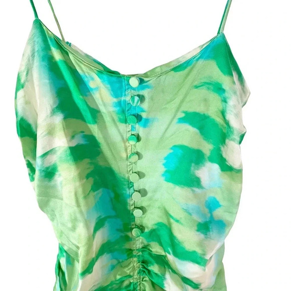 GANNI Silk Stretch Satin Ruched Mini Dress Lily Green Size 34 or US XS NWT - Picture 7 of 12